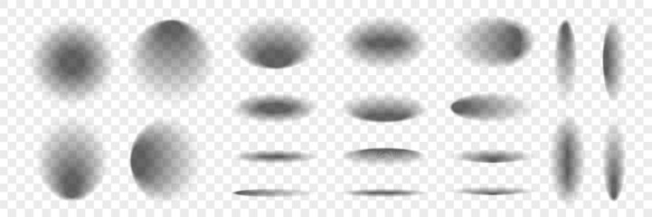 Poster - oval and round realistic shadow set. object blur shade effect. gradient shapes from dark gray to tra