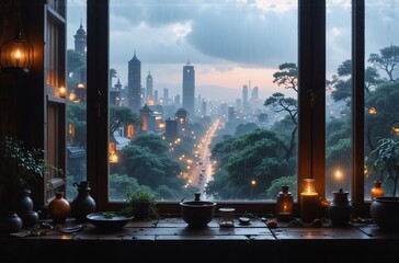 Poster - A rain-swept cityscape viewed from a rustic window at dusk.  Candles illuminate a weathered sill adorned with pottery and plants.  The scene evokes tranquility and mystery.