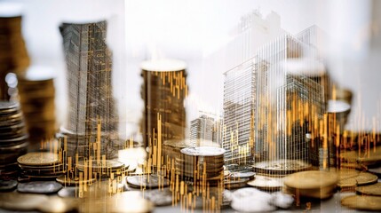 Poster - Double Exposure of Gold Coins with Stock Trading Chart Background