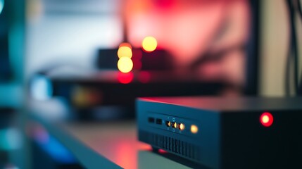 Poster - Close-up of a network router with illuminated LEDs, showcasing vibrant red and orange lights against a blurred background, creating a tech ambiance in a modern workspace