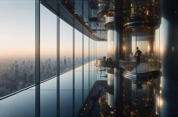 Poster - A businessman stands in a futuristic skyscraper office, overlooking a sprawling cityscape at dawn. The sleek, reflective design emphasizes modern architecture and urban views.