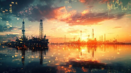 Poster - Double Exposure of Oil Rigs with Forex Elements and Sunset Sky