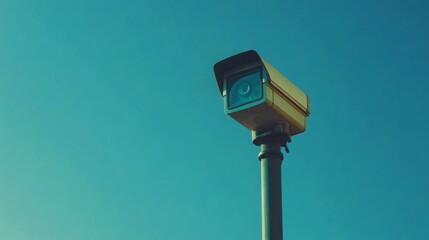 Aufkleber - A minimalist shot of a single CCTV camera mounted on a pole, capturing the details of the camera and its mount against a clear blue sky