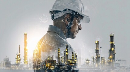 Poster - Double Exposure of Engineer with Oil Refinery in Urban Setting