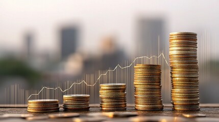 Poster - Stacked Coins on a Table with Rising Graph Lines Against Skyline