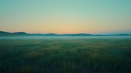  Misty Dawn over Rolling Hills and Grasslands, a Serene Landscape Photo
