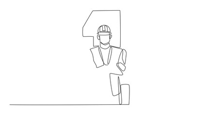 Poster - Animated self drawing of single continuous line drawing worker crossing his arms in the middle of big number 1. Reminder to respect the struggle and rights of workers. May Day. Full length animation