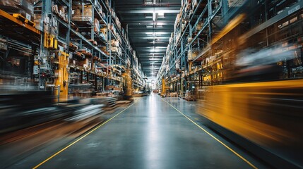 Poster - Long Exposure of Fast Moving Carts in Warehouse Aisle