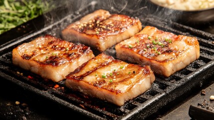 Poster - A mouthwatering image of pork belly slices marinated in spices, sizzling on a grill, with smoke rising and herbs scattered around for added flavor