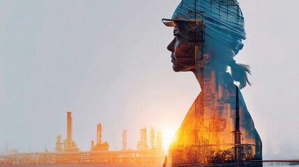 Poster - Double Exposure of Woman in Labor at Factory Exterior View