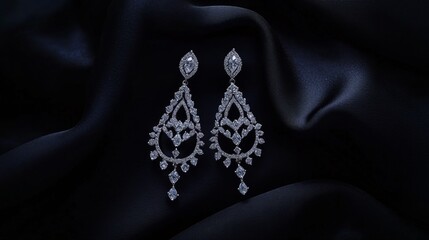 Poster - A pair of elegant chandelier diamond earrings showcased on a dark velvet cloth, with soft lighting creating dramatic shadows that enhance their beauty