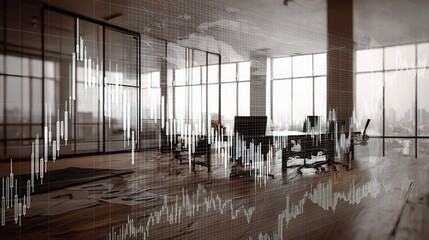 Poster - Double Exposure Financial Graph Overlay in Modern Office Space