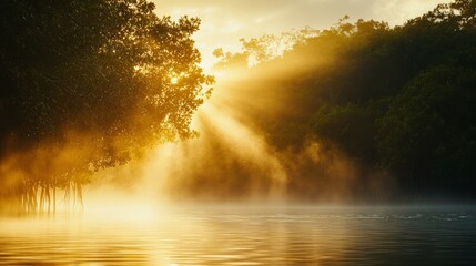 Poster - A peaceful scene of a mangrove forest during the early morning, with mist rising from the water and sunlight breaking through the tree canopy