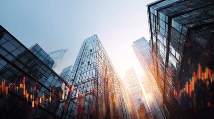 Poster - Modern Office Buildings Reflecting Stock Market Data and Graphs