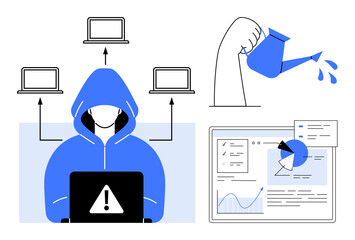 Poster - hacker in a hooded sweatshirt using a laptop while data flows to multiple devices, a watering can nu