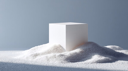 Poster - White cube product display mockup on snow background for cosmetic or jewelry presentation design template
