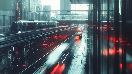 Poster - Dynamic City Scene with Metro Line and Moving Vehicles at Twilight