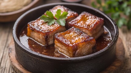 Poster - A rustic image of slow-cooked pork belly in a savory sauce, bubbling in a cast-iron pot, showcasing the rich flavors and tender texture of the dish