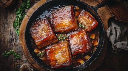 Poster - A rustic image of slow-cooked pork belly in a savory sauce, bubbling in a cast-iron pot, showcasing the rich flavors and tender texture of the dish