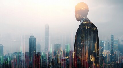 Poster - Businessman Silhouette Overlayed with Hong Kong Cityscape Imagery