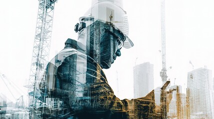 Poster - Double Exposure of Engineer at Construction Site with Cityscape