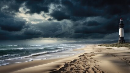 a serene beach scene under a bright, clear blue sky.