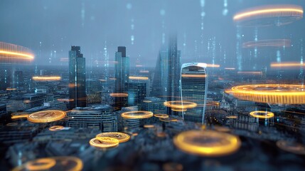 Poster - Futuristic Digital Finance Concept with Tokens Over Cityscape