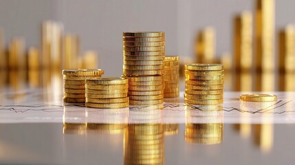 Poster - Stacks of Golden Coins with Financial Graphs Background