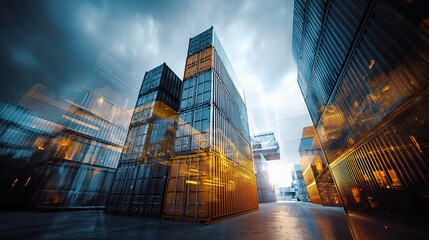 Poster - Digital Double Exposure of Shipping Containers with Dramatic Lighting