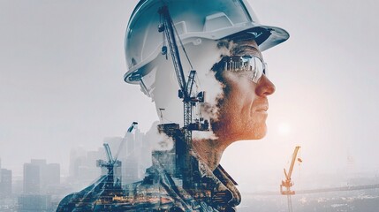 Poster - Double Exposure Portrait of Engineer with Modern Cityscape Background