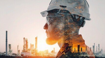Poster - Industrial Engineer in Safety Helmet Overlooking Manufacturing Site