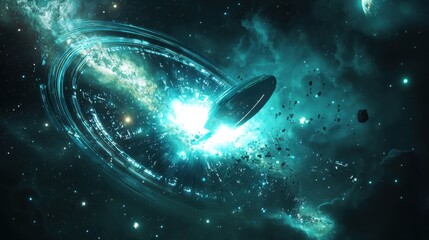 Wall Mural - Futuristic Space Scene with Cosmic Explosion and Ringed Structure