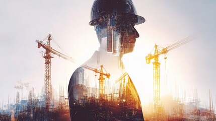 Poster - double exposure of businessman with construction cranes background