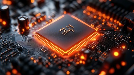 Poster - Close-up of a microchip on a circuit board with glowing orange lights and intricate electronic patterns, showcasing advanced technology and innovation