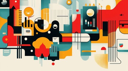 Poster - Abstract geometric composition with colorful shapes and symbolic elements for creative design