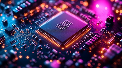 Poster - Close-up view of a microchip illuminated with vibrant multicolored lights showcasing intricate circuitry and electronic components