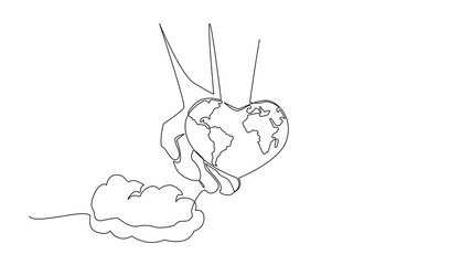 Poster - Animation of single one line drawing heart shaped globe on 2 open palms. Taking care of the beloved earth with pleasure. Maintaining the ecosystem. Global Love Day. Full length motion
