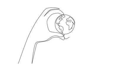 Poster - Self drawing animation of continuous one line drawing 2 hands forming heart shape and in the middle of the hands is round globe. Protecting earth with all love. Global Love Day. Full length animated