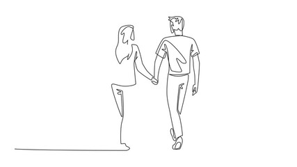 Poster - animated self drawing of single one line drawing a couple walking hand in hand and the wife carrying