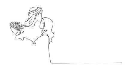 Poster - animated self drawing of single one line drawing husband kiss forehead of wife while wife holds bouq