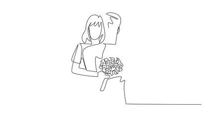 Poster - self drawing animation of single continuous line husband and wife hugging with wife carrying a bouqu