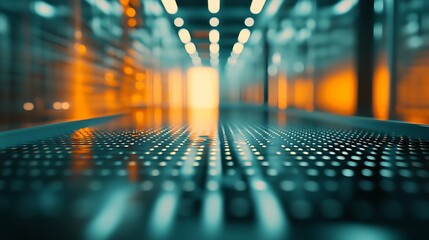 Poster - A close-up view of a textured metallic surface reflecting warm orange and cool blue lights in a modern, abstract space, creating a visually striking atmosphere