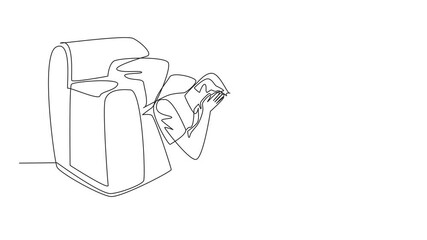 Poster - Self drawing animation of continuous one line drawing man sitting on floor leaning on single sofa, cover face with both palms. Layoff. No income. National Anxiety Screening Day. Full length animated