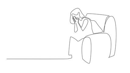 Poster - Animated self drawing of continuous one line drawing woman sitting on a single sofa covering face with both palms. Receiving bad treatment. National Anxiety Screening Day. Full length animation