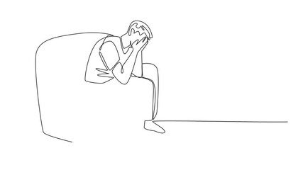 Poster - Animation of single one line drawing a man sitting on a single sofa covering face with both palms. Tests of life come one after another. National Anxiety Screening Day. Full length motion