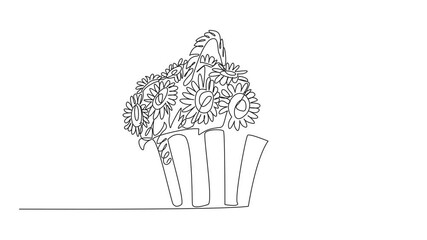 Poster - Self drawing animation of continuous one line drawing sunflower in a rattan woven bucket. Classic and elegant impression. Present. International Sunflower Guerilla Gardening Day. Full length animated