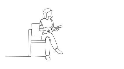 Poster - Animated self drawing of single continuous line drawing a woman sitting on a park bench playing the ukulele. Chasing away loneliness. Playing. National Play Your Ukulele Day. Full length animation