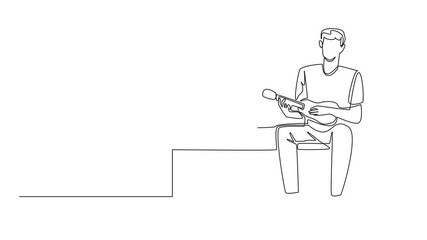 Poster - Animation of single one line drawing a man sitting on park bench plays the ukulele. Hobby playing musical instruments. Singing anywhere. National Play Your Ukulele Day. Full length motion