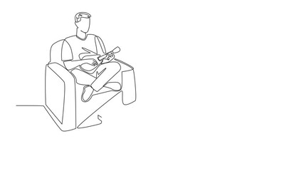 Poster - animation of single continuous line drawing man sit cross legged on sofa playing ukulele looking at 