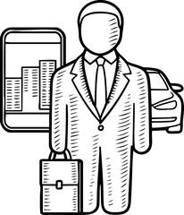 Poster - A stylized illustration of a businessman holding a briefcase, accompanied by a smartphone displaying graphs and a car silhouette in the background.